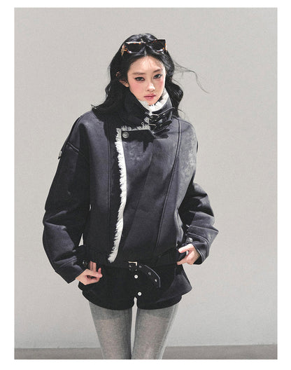 少也眼 "Time’s Hidden Reef" Faux Fur-Lined Cotton Jacket with Belt 8731321