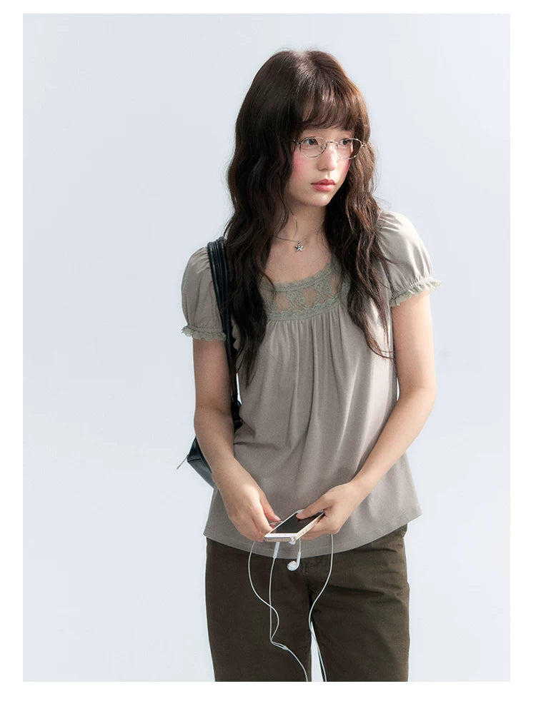 "Vintage Cream" Milk Gray Lace Trim Puff Sleeve T-Shirt