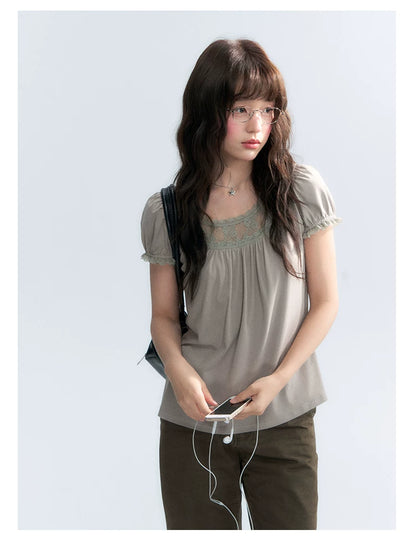 "Vintage Cream" Milk Gray Lace Trim Puff Sleeve T-Shirt