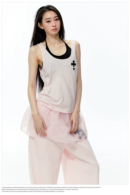 JN's DESIGN - Pink Layered Tank Top & Tulle-Overlay Sweatpants Set