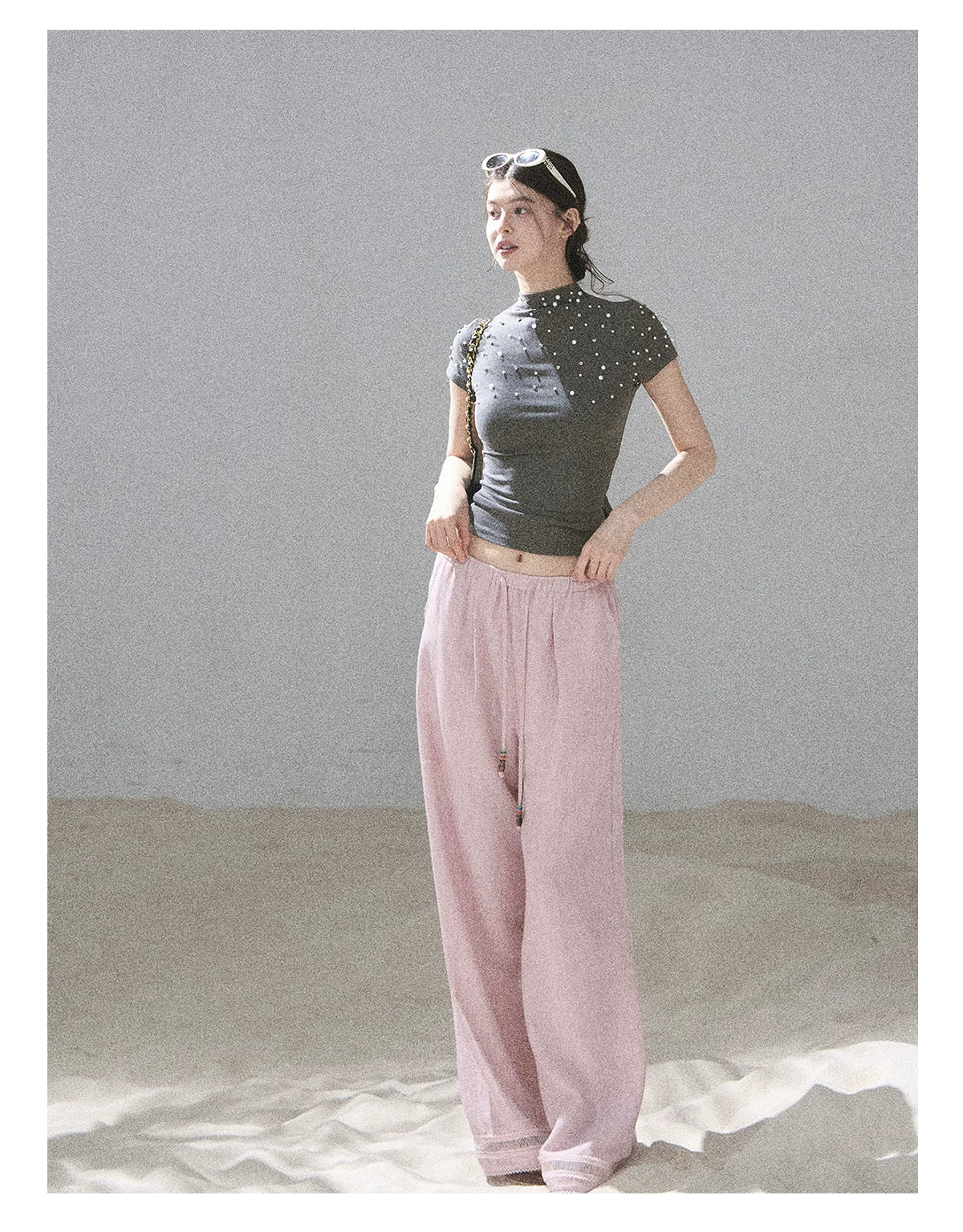 "Scattered Across the Milky Way" Pearl Beaded Knit T-Shirt (Haze Blue/ Sage Gray)