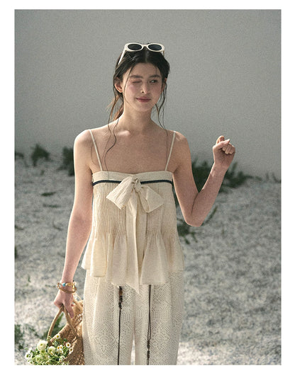 “Breeze Over Pleats” Cream Ribbon Camisole Top
