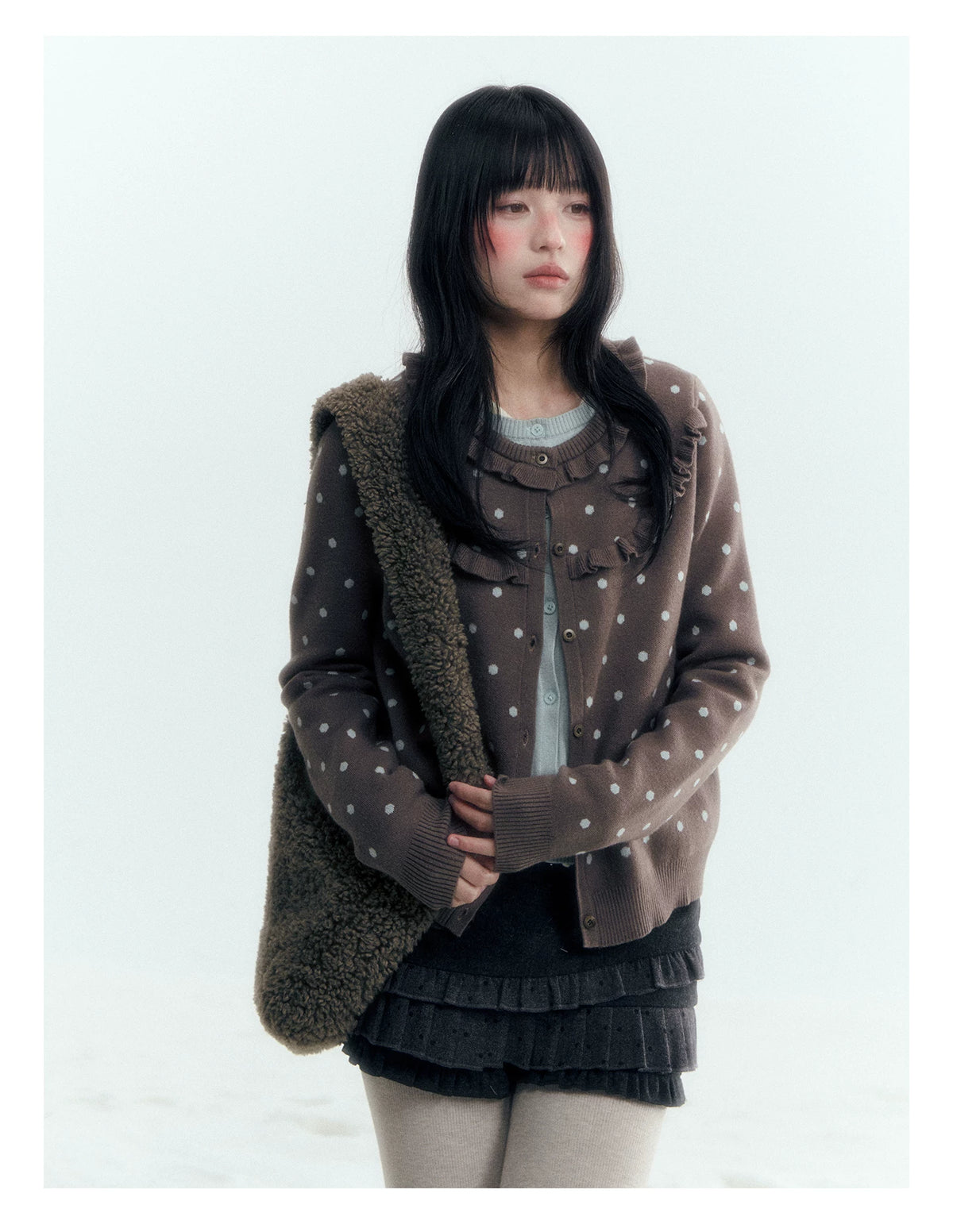 Dark Taupe Brown Polka Dot Layered Knit Sweater