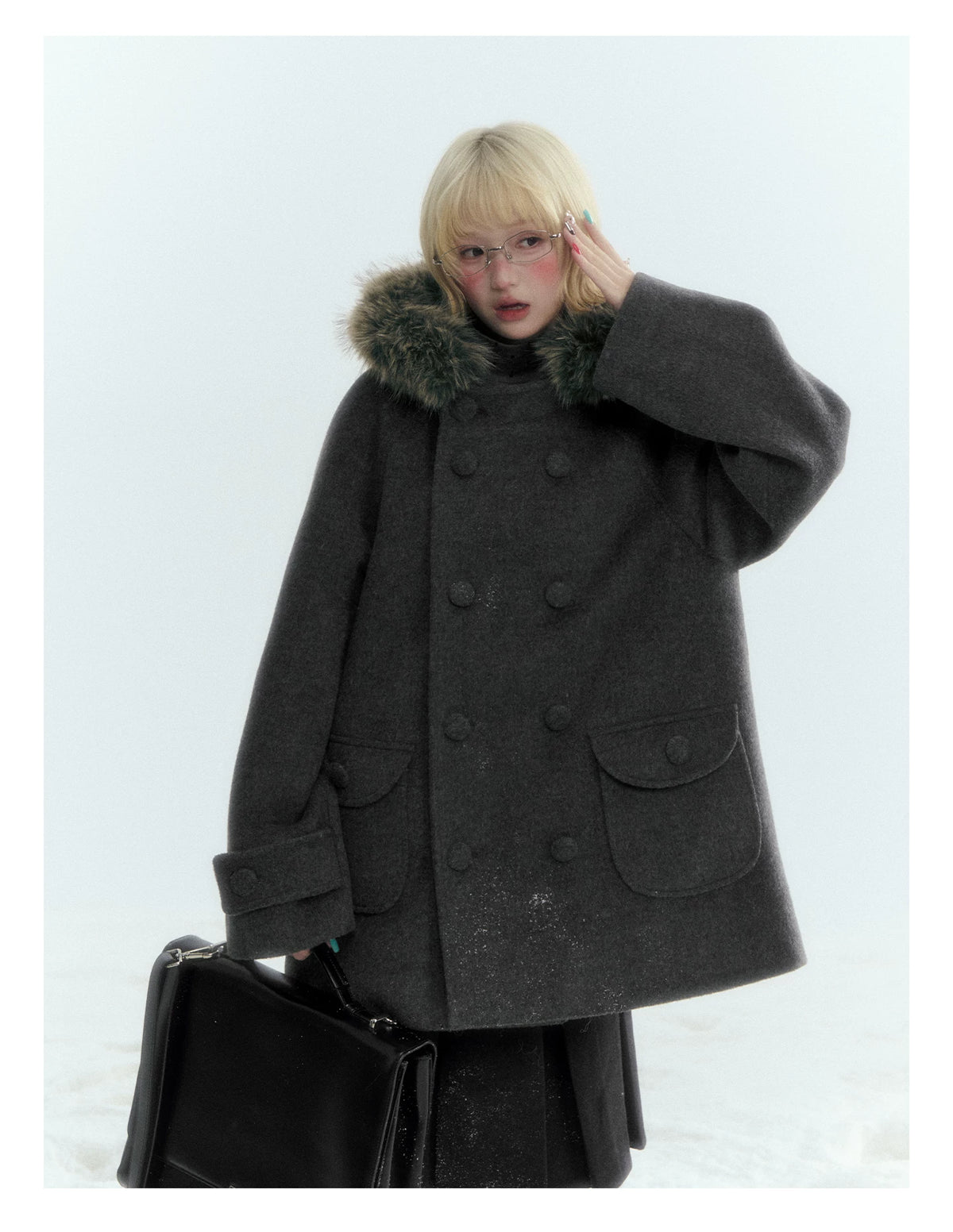 Japanese Hooded Double-Breasted Wool Coat (Deep Charcoal Gray / Taro Purple)