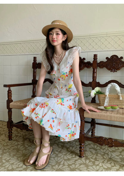 “Honeyfruit Summer Breeze” Beige Printed Skirt Set