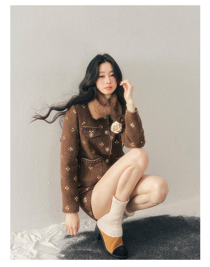 少也眼 "Deep Winter Wutong" Quilted Wool Tweed Two-Piece Set