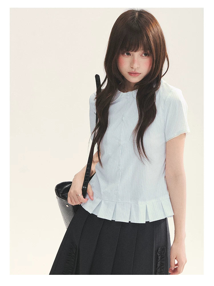 "Citrus Sea Salt" Stripe Lace Peter Pan Collar Pleated Shirt (White Blue / Blue White)