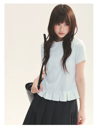 "Citrus Sea Salt" Stripe Lace Peter Pan Collar Pleated Shirt (White Blue / Blue White)