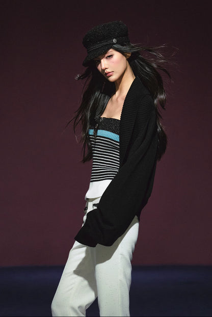 Contrast Tweed-Inspired Knit Cami & Wool Blend Cardigan Set