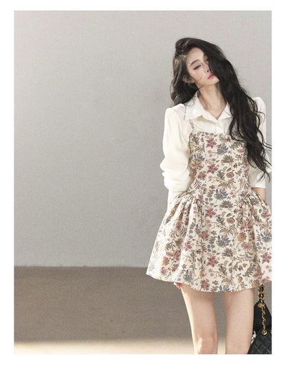 AOMALM - Dutch Cheese Floral Mini Dress & Creamy White Blouse Set