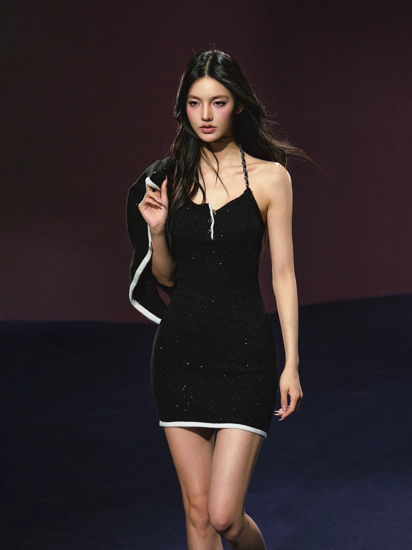 "Starlit Elegance" Halter Knit Dress & Contrast Cardigan Set