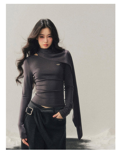 少也眼 "Essential Muse" Deep Slate Gray Cropped Long-Sleeve Knit Top