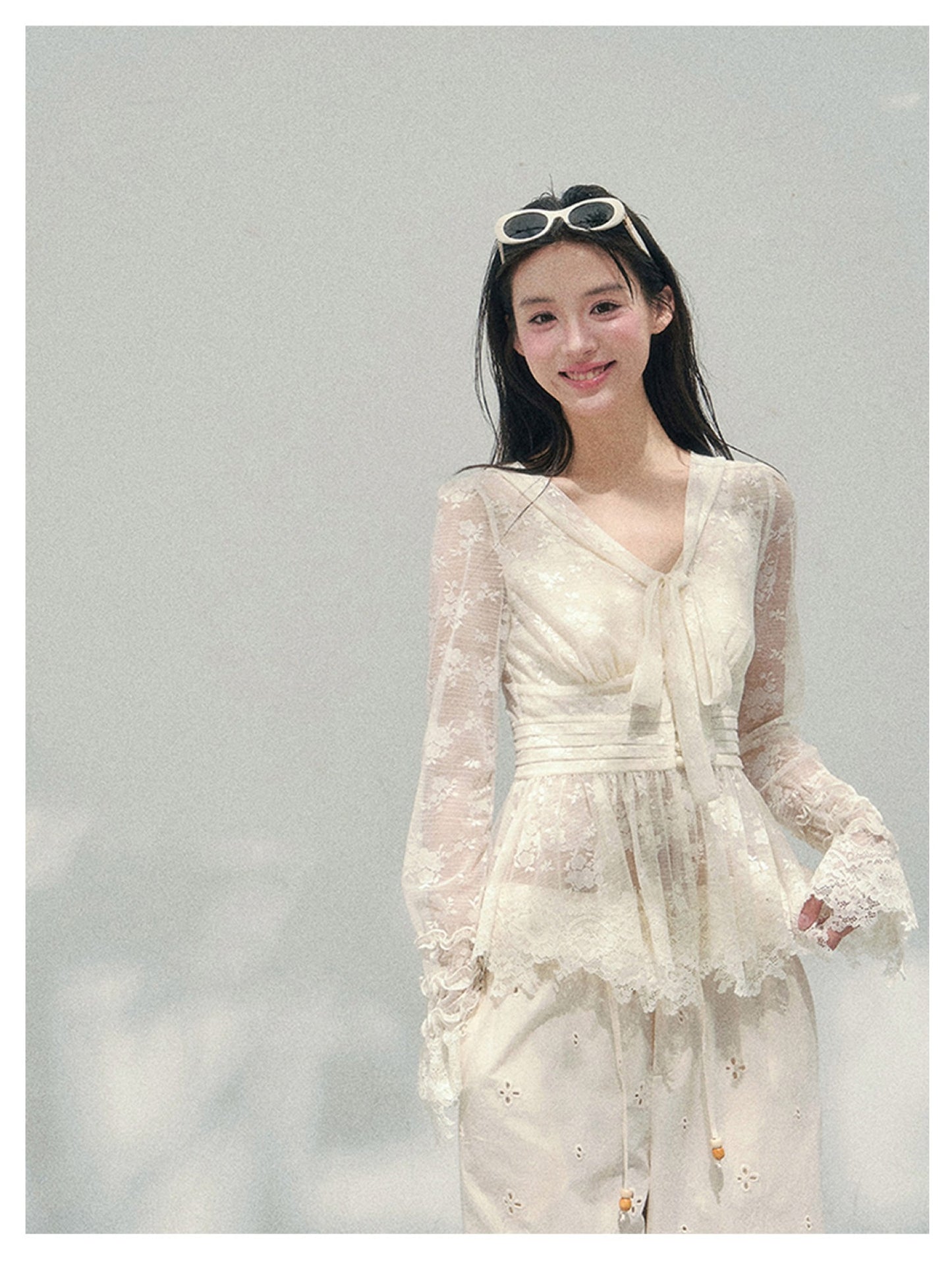 少也眼 “Lace’s Fading Dream” Sheer Lace V-Neck Cinched Top 53663788558