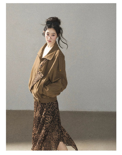 AOMALM - “Acorn & Fallen Leaves” Korean Leopard Print Chestnut Brown Faux Suede Jacket
