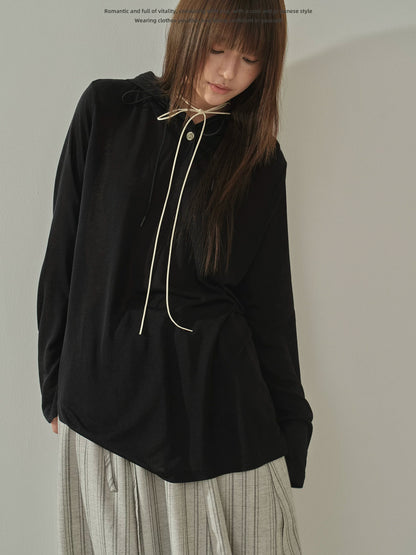 "Summer Haze" Hooded Knit Sun Protection Long Sleeve T-Shirt (Black / White)