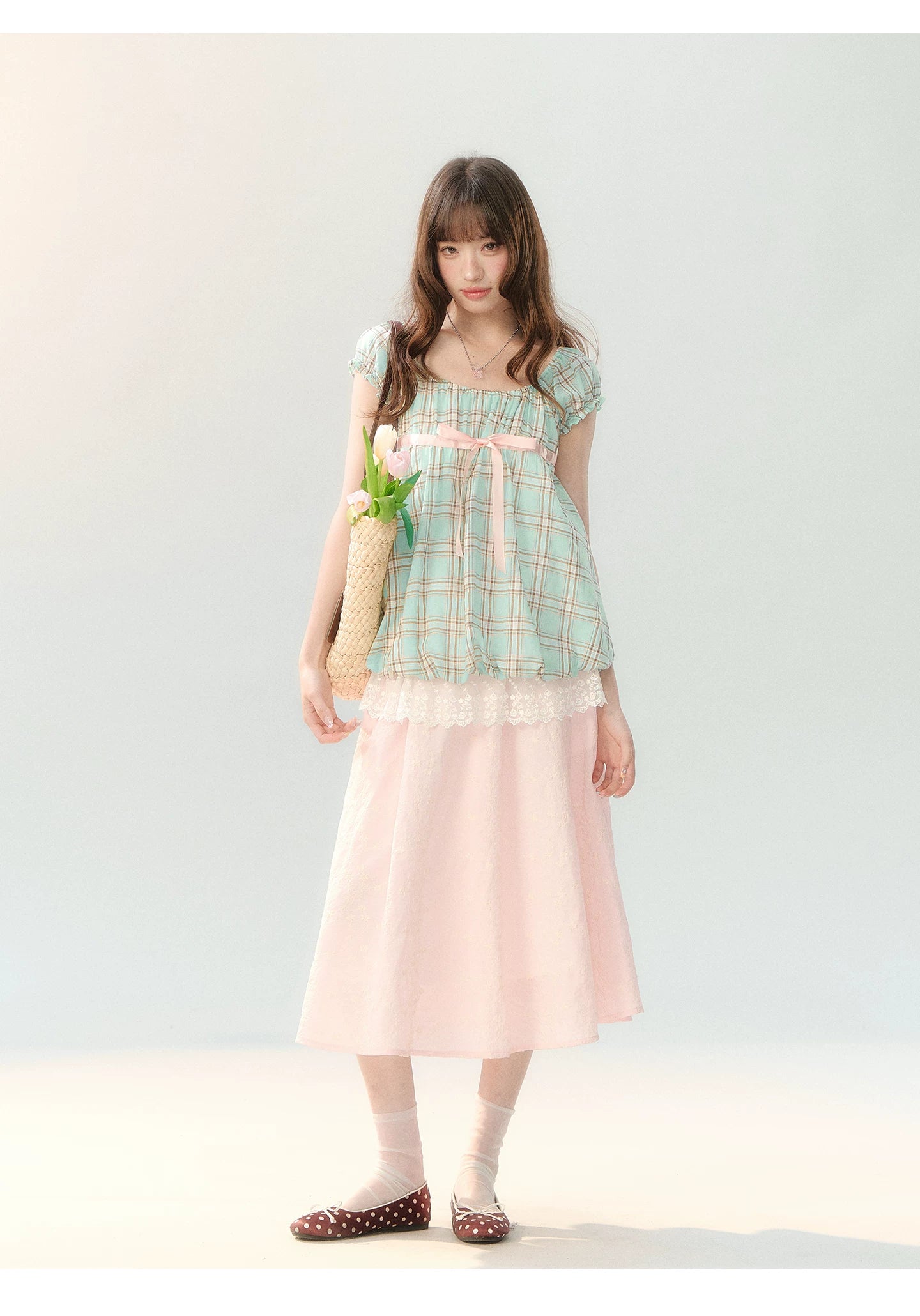 "Mint Peach Whisper" Mint Green Plaid Embroidered Skirt Set LL2026196