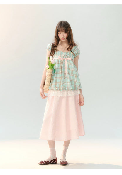"Mint Peach Whisper" Mint Green Plaid Embroidered Skirt Set LL2026196