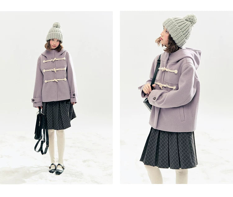 "Velvet Snowfall" Purple Mist Hooded Quilted Wool-Touch Duffle Coat