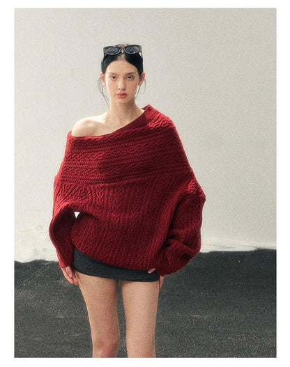 少也眼 “Norwegian Exchange” Off-Shoulder Cable Knit Winter Sweater – Cabernet Red