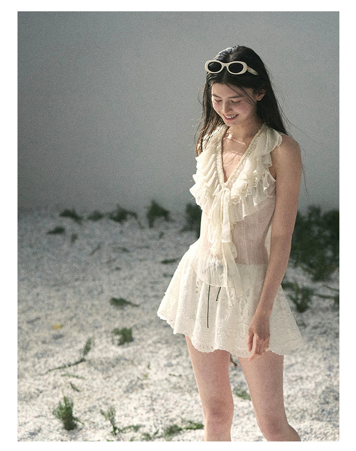 “Moonlight Through Sheer Veils” Ivory Ruffle Chiffon Blouse
