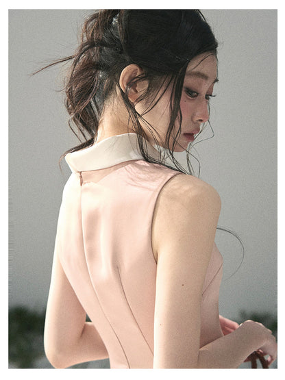少也眼 “Satin Poise” Coral Pink French A-Line Dress 145