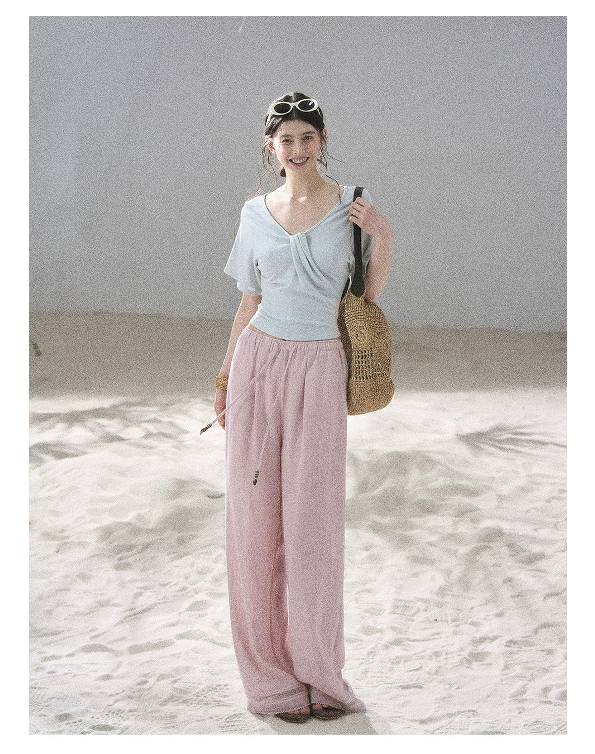 "Moonlight on Water" Twist-Front Cropped T-Shirt (Silver Mink Gray/ Mist Blue)