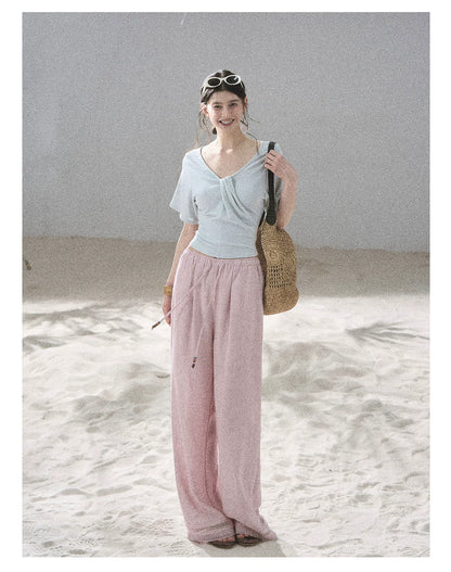 "Moonlight on Water" Twist-Front Cropped T-Shirt (Silver Mink Gray/ Mist Blue)