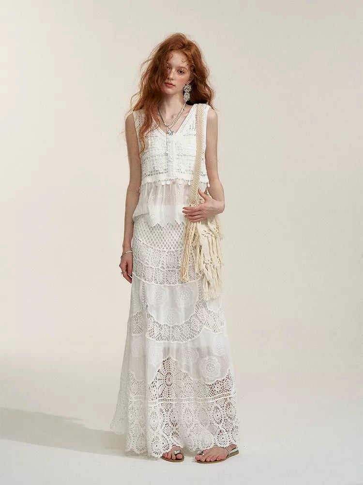 White Floral Embroidery Crochet-Detail Blouse