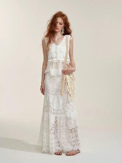 White Floral Embroidery Crochet-Detail Blouse