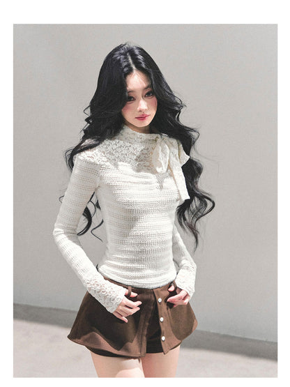 少也眼 “Monochrome Whispers" Lace Long-Sleeve Top - White