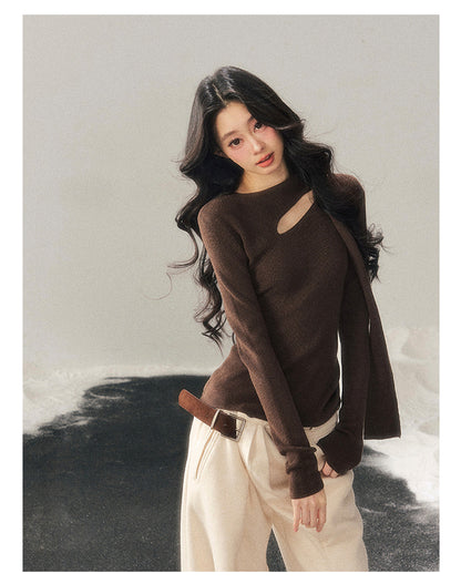 少也眼 "Dusk of Memory" Cropped Knit T-Shirt - Rich Cocoa