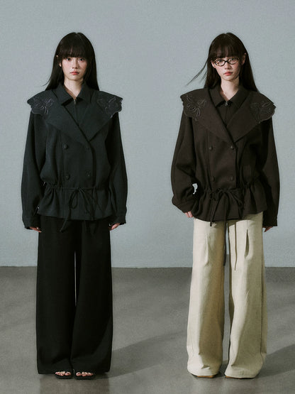LOST FOREST - Deep Brown Embroidered Collar Lyocell-Wool Jacket