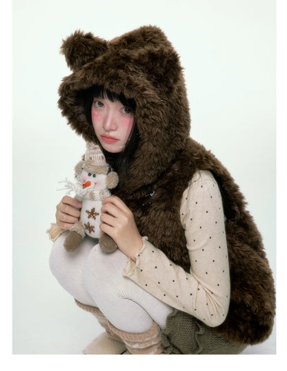 BIBIBENCY - Brown Faux Fur Hooded Vest with Toggle Closures