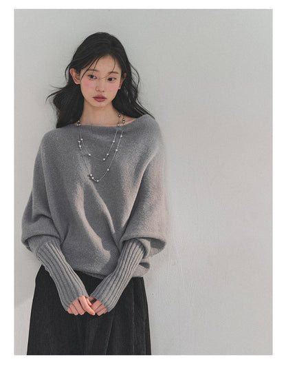 少也眼 “Soft Minimalism” Off-Shoulder Versatile Knit Top - Light Grey 6416515