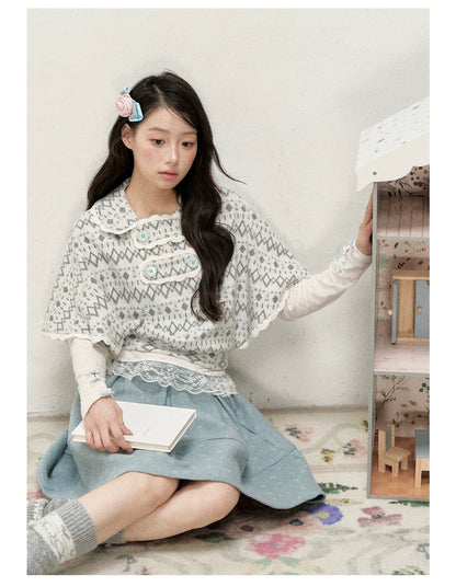 [RF] Mist Gray Argyle Jacquard Cropped Poncho-Style Pullover with Lace Trim