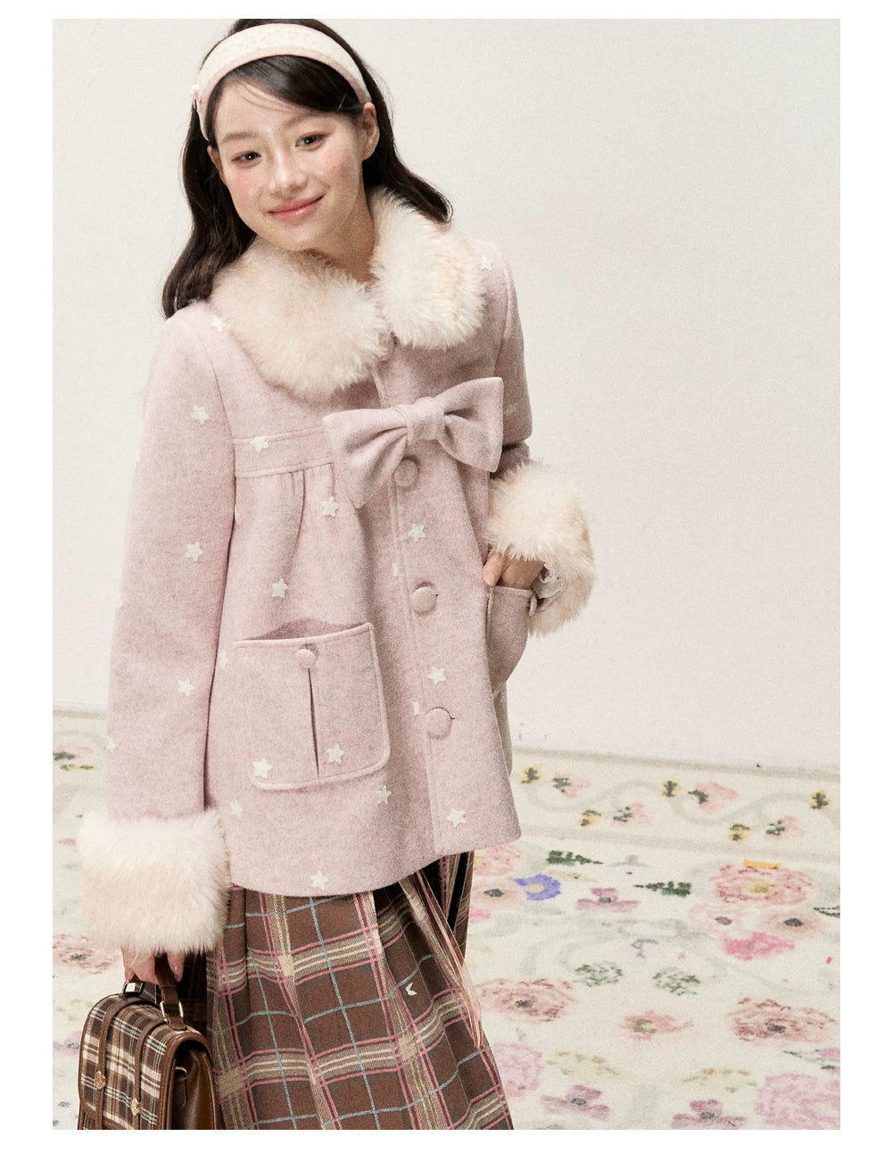 RF - Peach Pink Ombre Faux Fur Collar Wool-Look Jacket with Star Embroidery