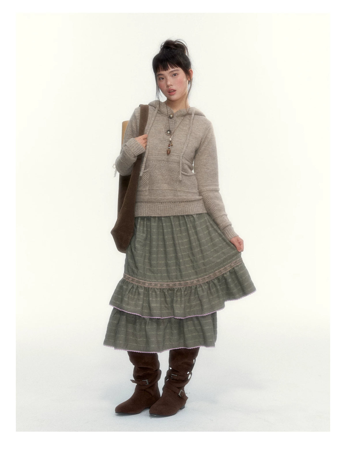 Oatmeal Ribbed-Hem Hooded Knit Sweater