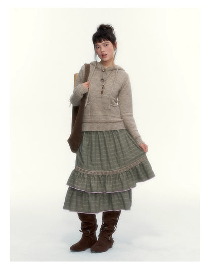 Oatmeal Ribbed-Hem Hooded Knit Sweater