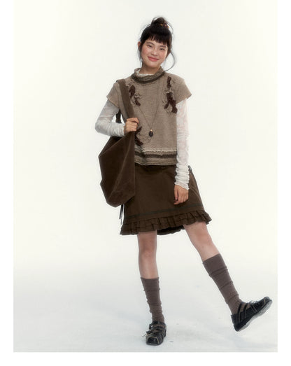 “Wild Caramel” Brown Washed Layered Ruffle Bow Pocket A-Line Skirt