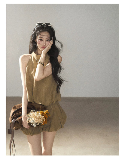 AOMALM - "The Veins of Leaves" Oatmeal French Faux Suede Top & Shorts Set