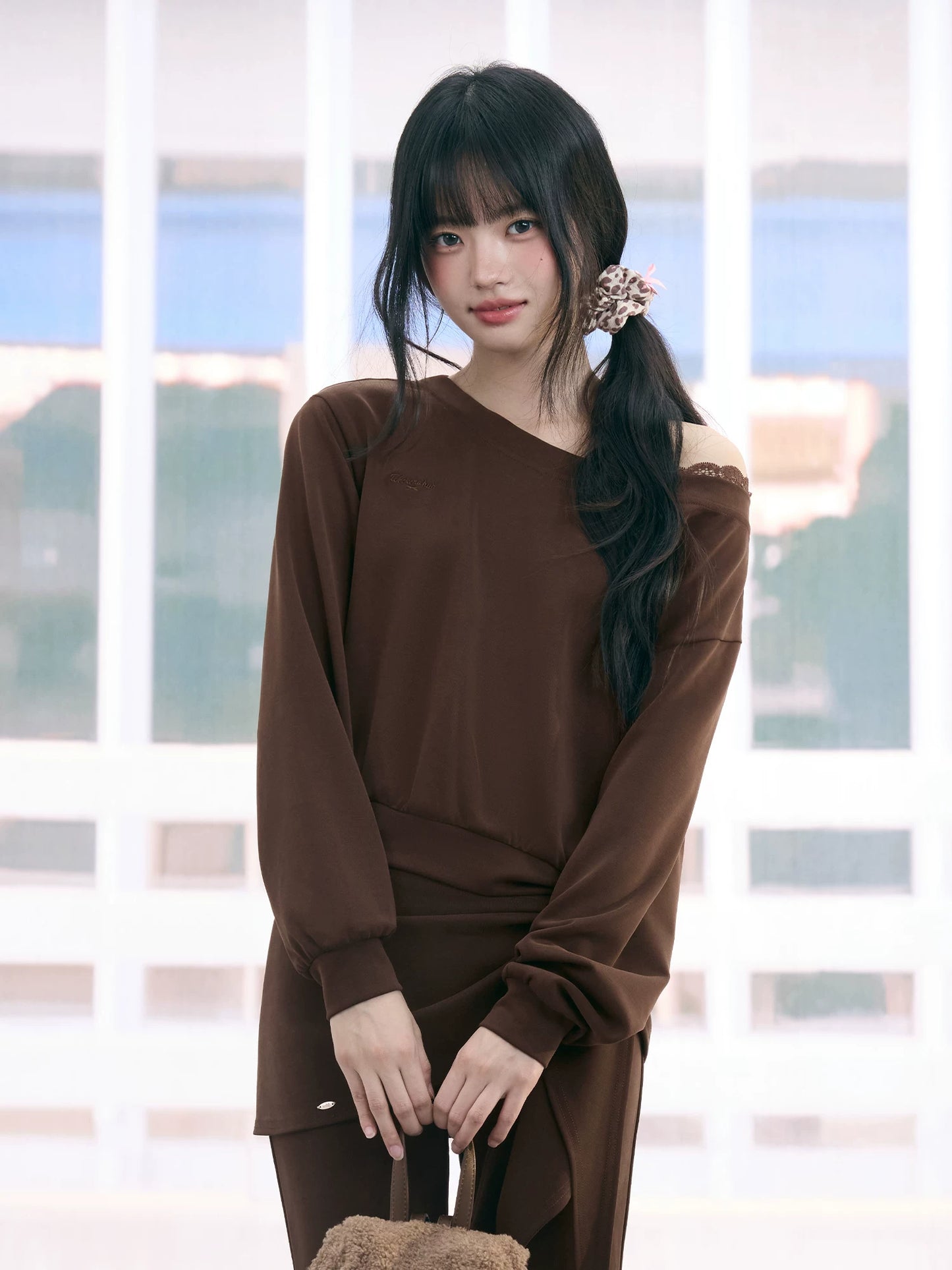 "Mocha Muse" Brown Lace Panel One-Shoulder Sweatshirt