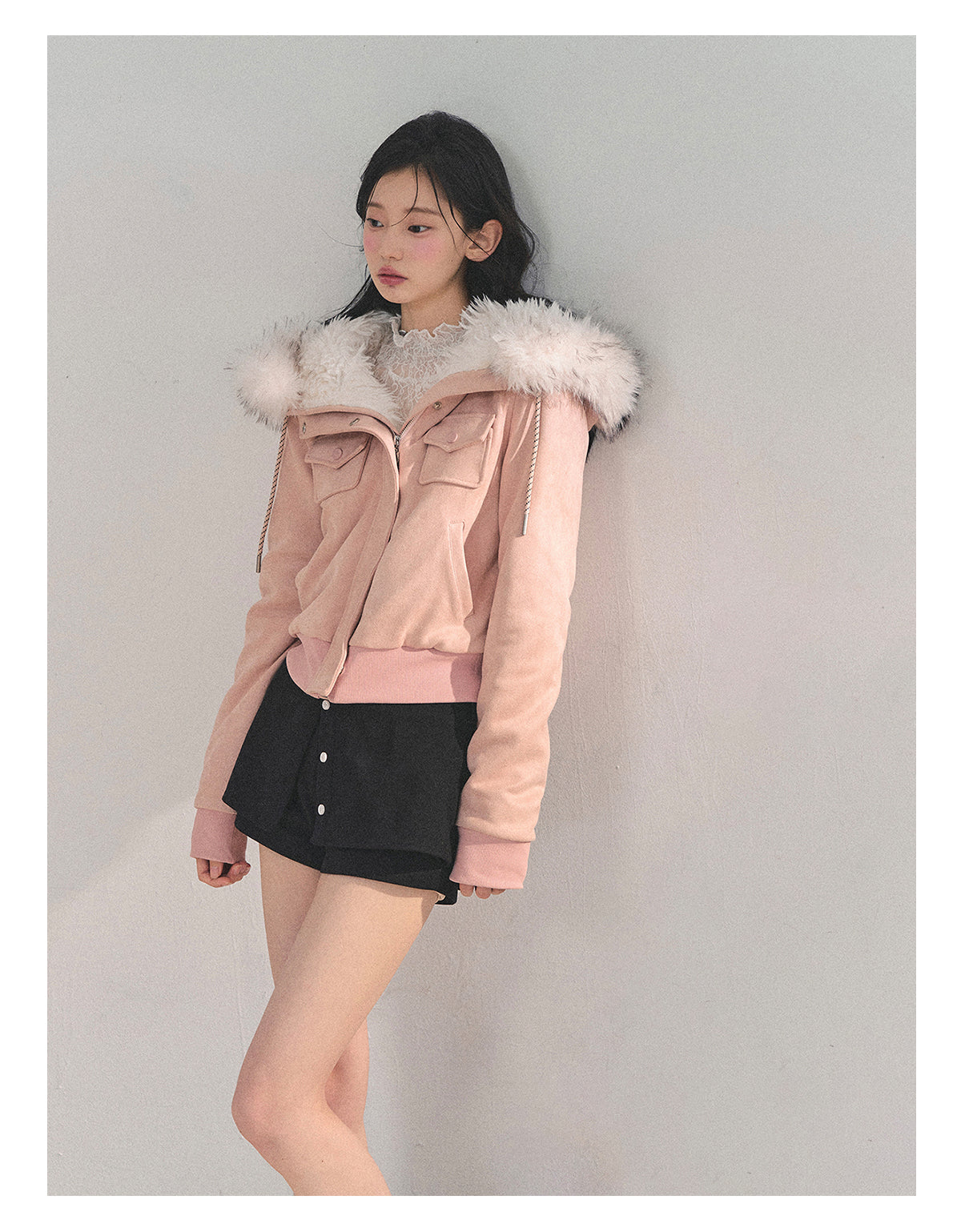 少也眼 “Snowvel Embrace” Hooded Sherpa Jacket - Cinnamon Pink 874351