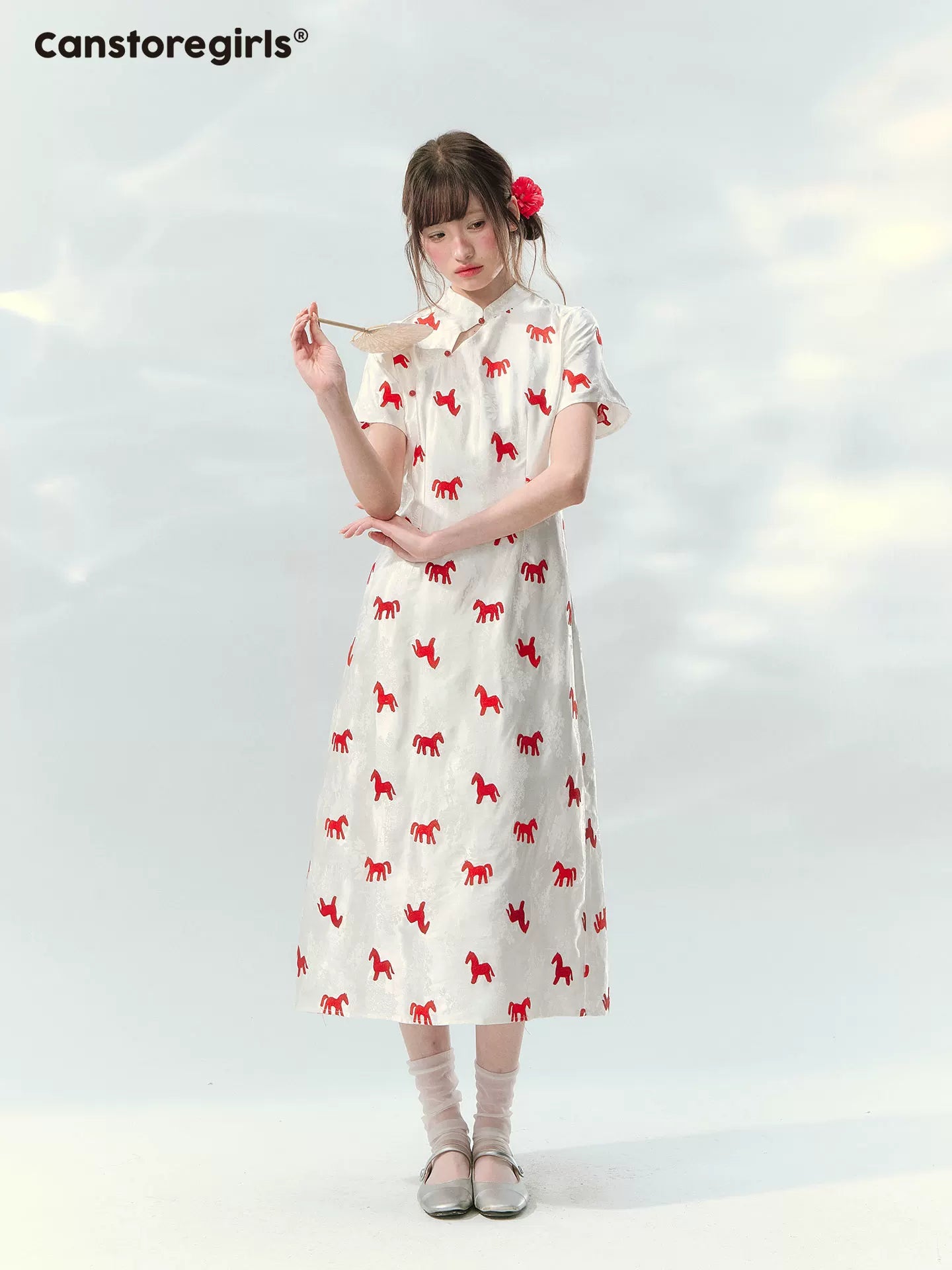 “Crimson Steed Reverie” Red Embroidered Cheongsam Dress LL2026165
