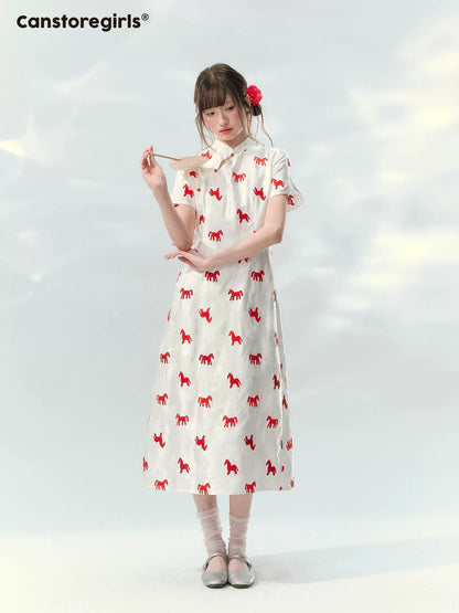 “Crimson Steed Reverie” Red Embroidered Cheongsam Dress LL2026165