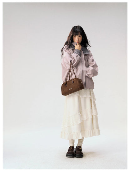 [CAN] "Soft Whisper" Ivory Embroidered Lace Layered Midi Skirt