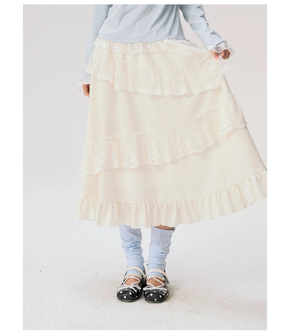 [CAN] "Soft Whisper" Ivory Embroidered Lace Layered Midi Skirt