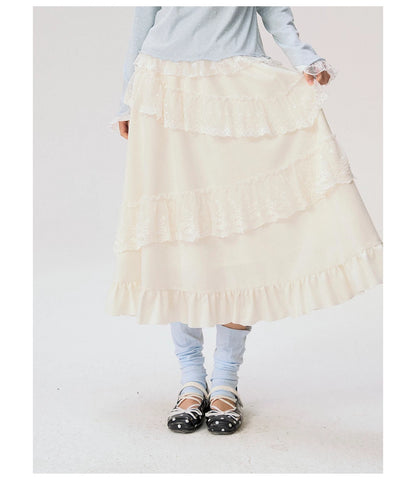 [CAN] "Soft Whisper" Ivory Embroidered Lace Layered Midi Skirt