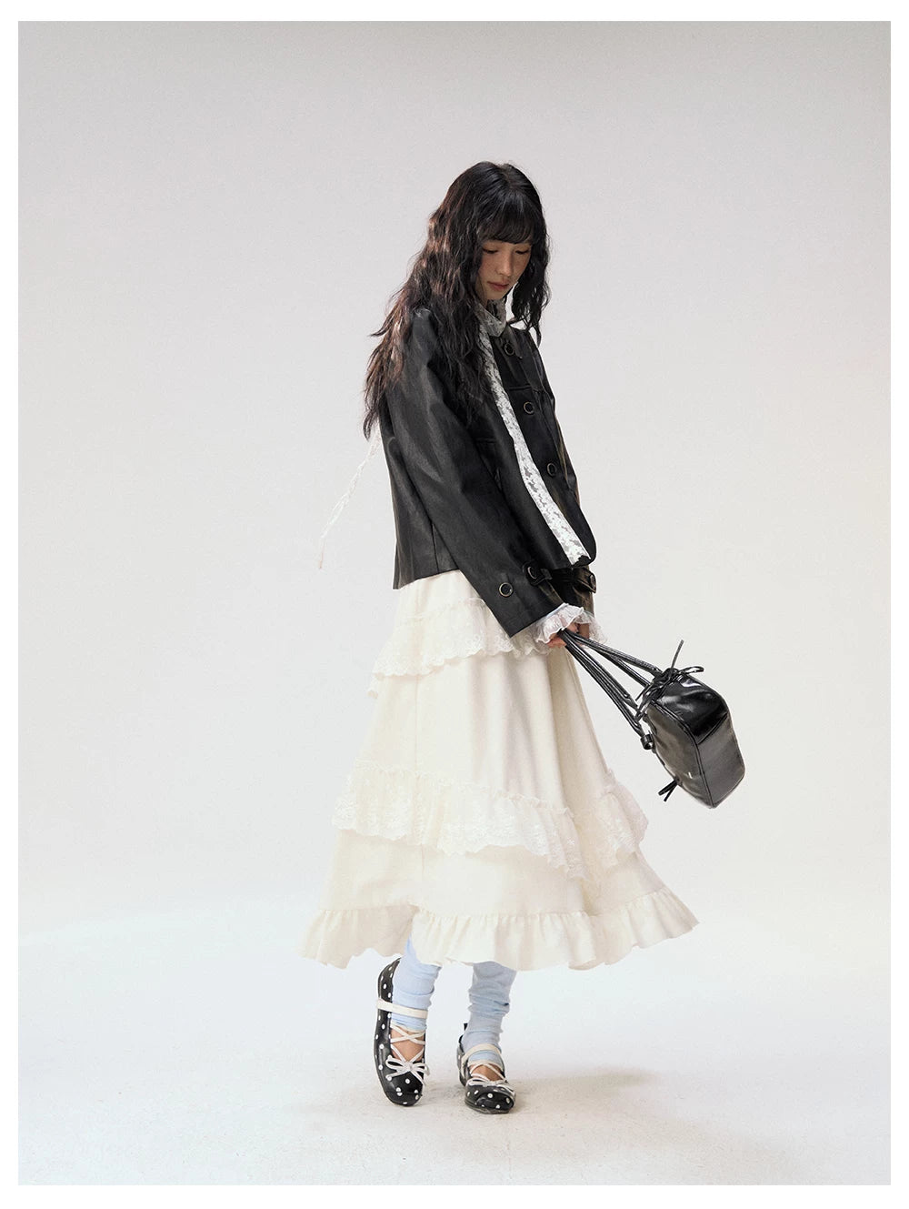 [CAN] "Soft Whisper" Ivory Embroidered Lace Layered Midi Skirt