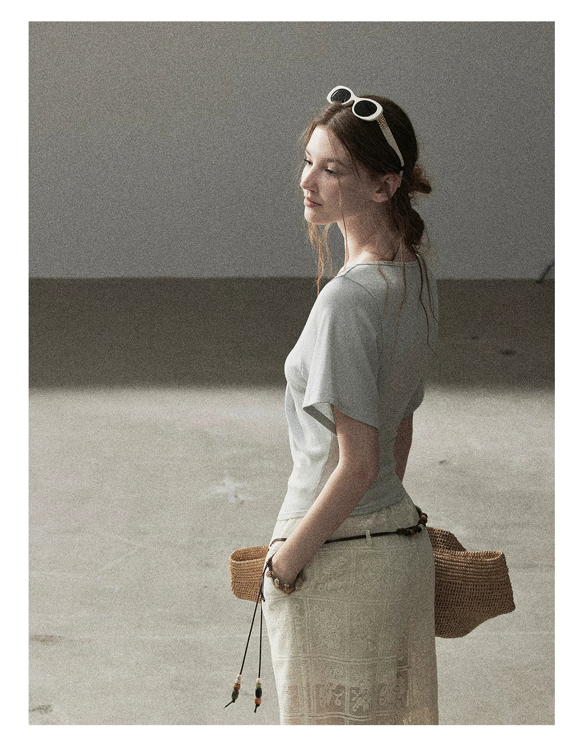 "Moonlight on Water" Twist-Front Cropped T-Shirt (Silver Mink Gray/ Mist Blue)