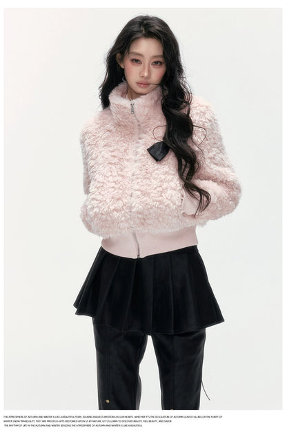 24olvides - Pink Faux Shearling Stand Collar Jacket